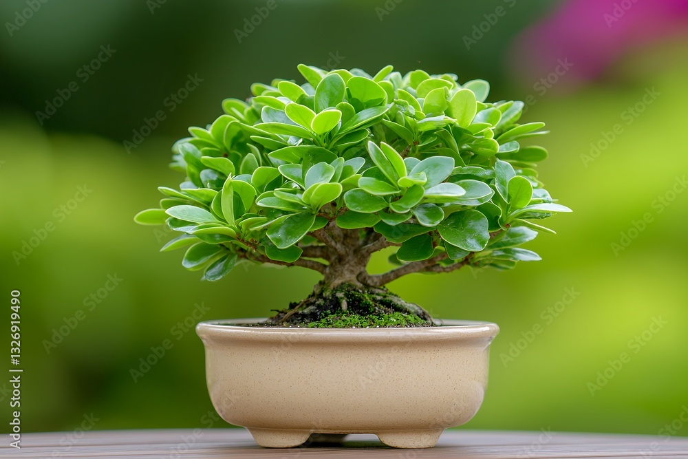 Fototapeta premium Lush Green Bonsai Tree in Beige Pot Against Blurred Green Background