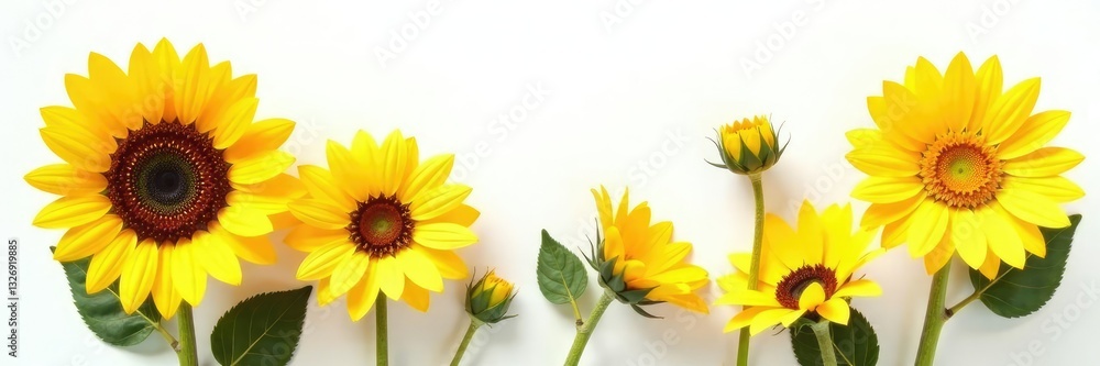 Fototapeta premium Isolated sunflower blooms against a clean white surface, white, bloom, sunflowers