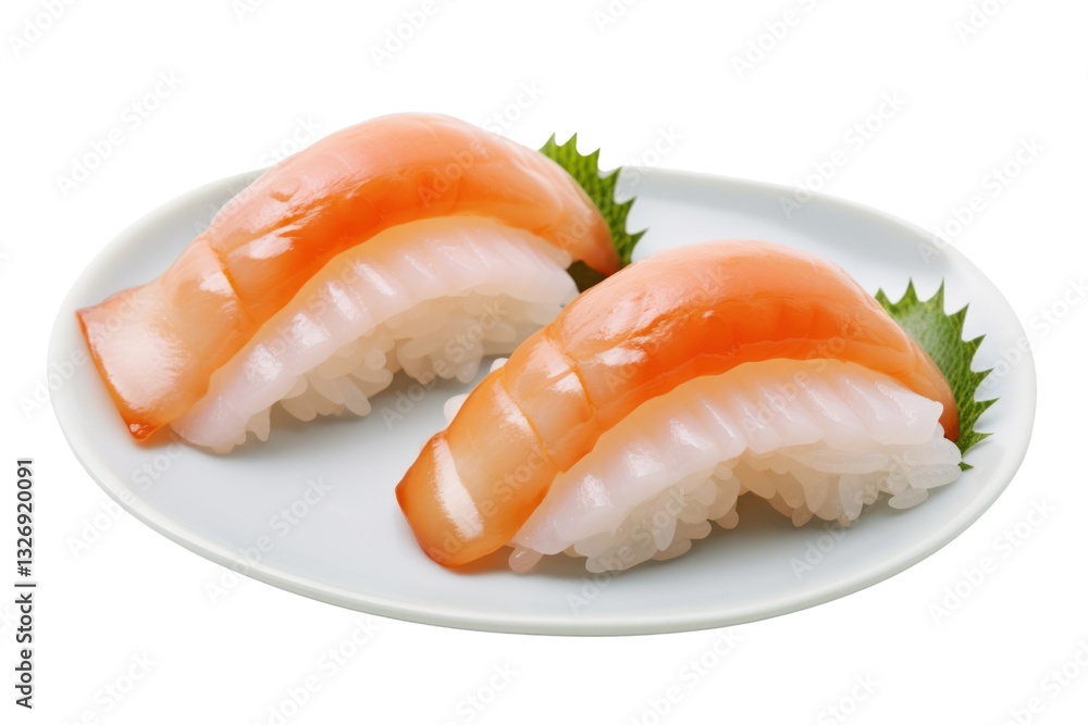 Side view of two beautifully crafted squid sushi pieces, each placed on a small mound of rice, isolated on white background Side view of two beautifully crafted squid sushi pieces, each placed on a small mound of rice, isolated on white background