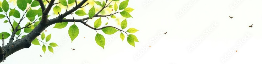 Fototapeta premium Isolated tree branches on a white background with some subtle hints of green and some tiny insects, abstract, clean, foliage