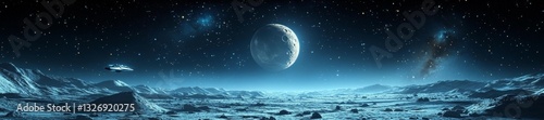 Lunar Surface Under a Bright Moon with Starry Sky and UFOs in Orbit. Generative AI