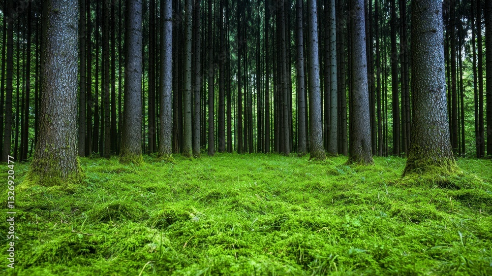 Fototapeta premium Lush Green Mossy Forest Floor Under Tall Dark Pine Trees