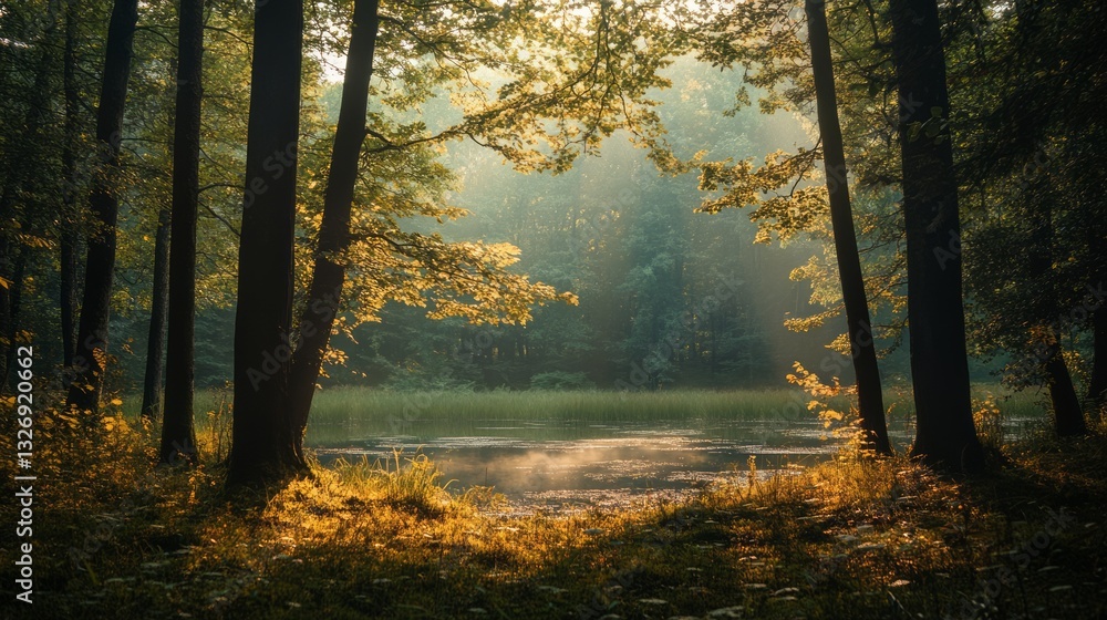 Fototapeta premium Serene Sunrise Over Forest Pond, Golden Light Filtering Through Trees