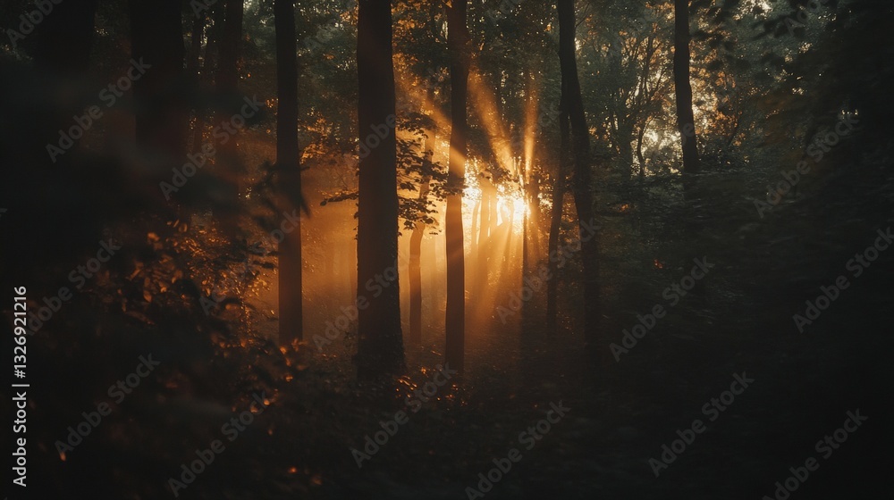 Fototapeta premium Sunlight streaming through forest trees at dusk