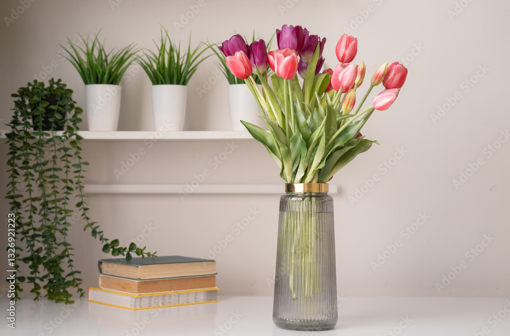 Obraz premium Morning spring still life with bouquet of fresh tulips on table. Interior design.