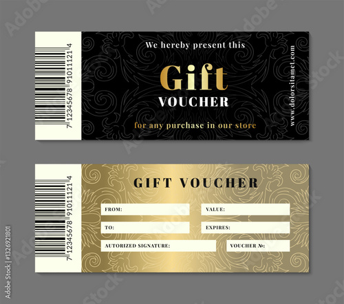 Black and gold ornate gift vouchers with barcode. Dark elegant classic design, retro baroque ornament. Vintage style certificate template. EPS 10 vector illustration.