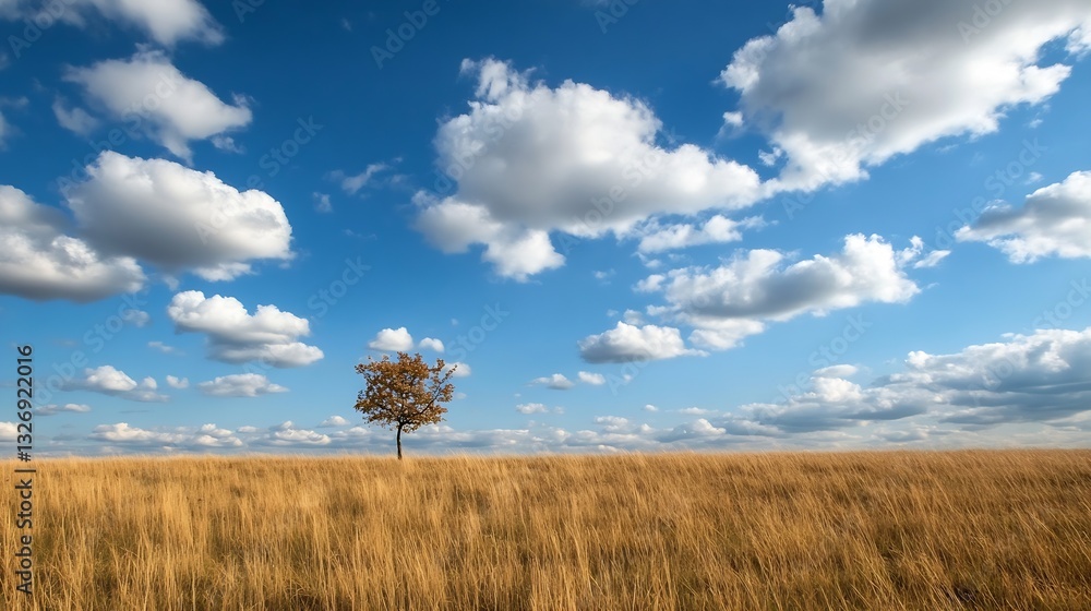 Solitary Tree in Open Field Under Bright Blue Sky with Fluffy White Clouds Over Golden Grass : Generative AI Solitary Tree in Open Field Under Bright Blue Sky with Fluffy White Clouds Over Golden Grass : Generative AI