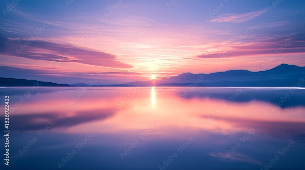 Naklejka premium Serene Sunset Reflection Over Still Lake Mountains