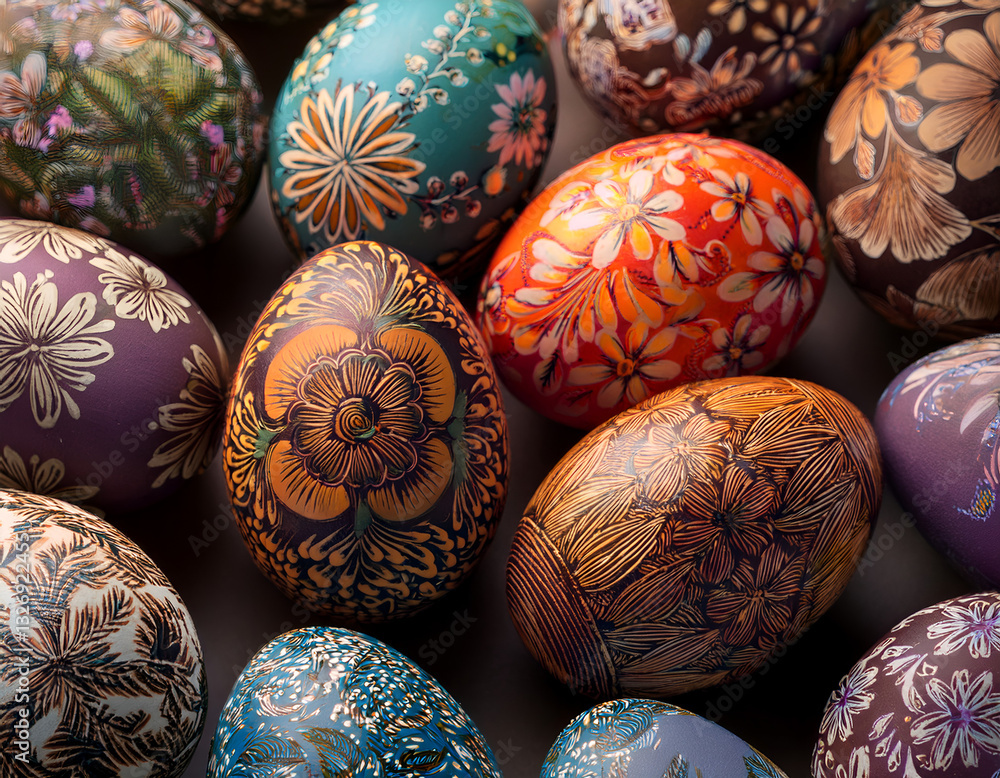 Close-up of Easter eggs with intricate floral patterns, set against a soft, neutral background Close-up of Easter eggs with intricate floral patterns, set against a soft, neutral background