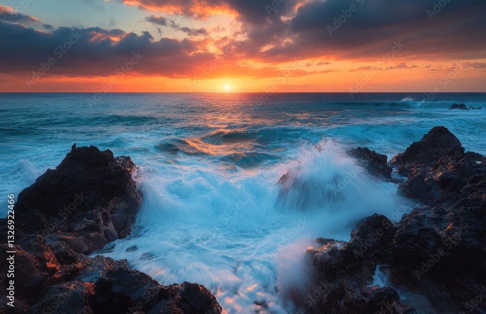 Fototapeta premium Dramatic sunset over crashing waves on volcanic rocks
