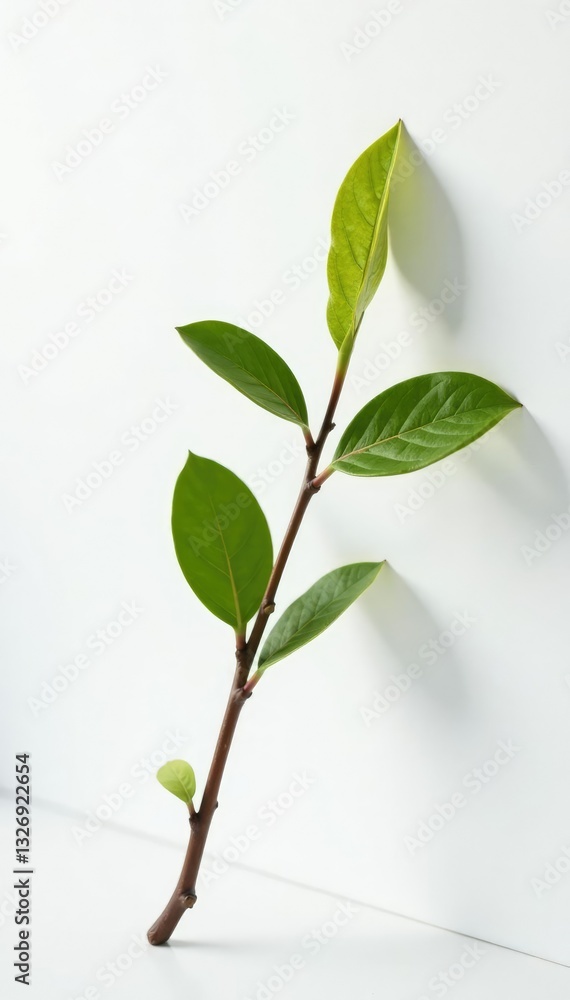 Obraz premium Single branch leaning against a white background with subtle shading, angled, gentle