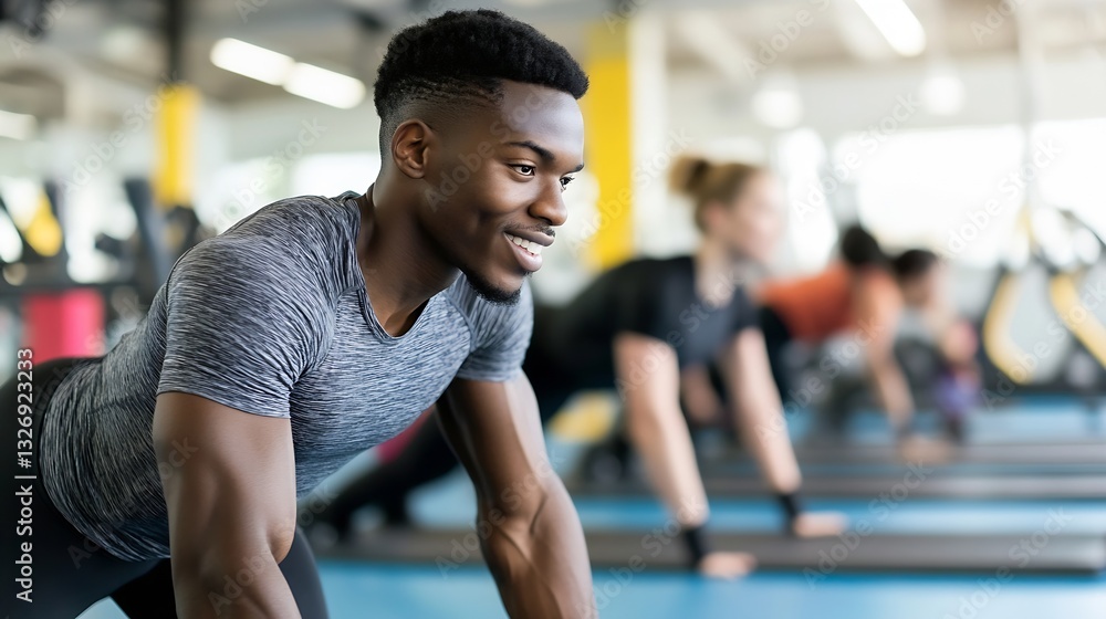 Cheerful young man smiling during fitness class session at modern gym facility : Generative AI Cheerful young man smiling during fitness class session at modern gym facility : Generative AI
