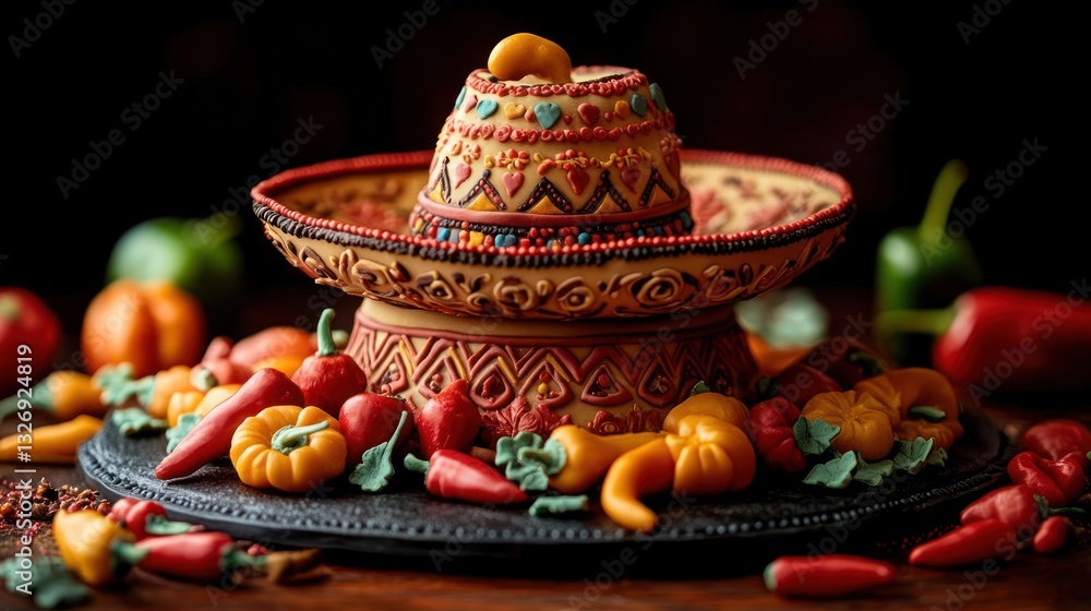 Sombrero-shaped cake with chili peppers on dark wood Sombrero-shaped cake with chili peppers on dark wood
