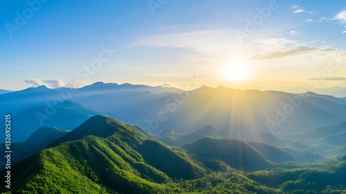 Breathtaking view of sun rays illuminating rolling green mountains during a tranquil sunset : Generative AI
