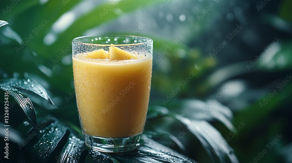 A close-up of a pineapple coconut smoothie in a clear glass, condensation forming on the surface, rich and creamy texture, tropical background with palm leaves, artistic composition, A close-up of a pineapple coconut smoothie in a clear glass, condensation forming on the surface, rich and creamy texture, tropical background with palm leaves, artistic composition,