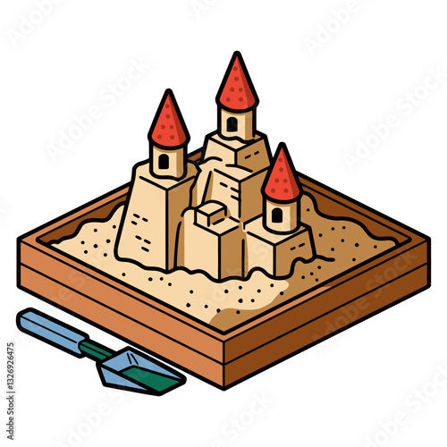 Sandcastle in Sandbox with Shovel Illustration