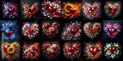 Glass heart with flowers on black background. AI generated illustration photo