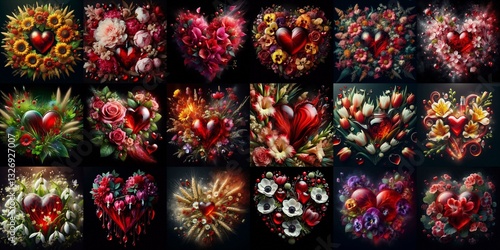 Glass heart with flowers on black background. AI generated illustration photo