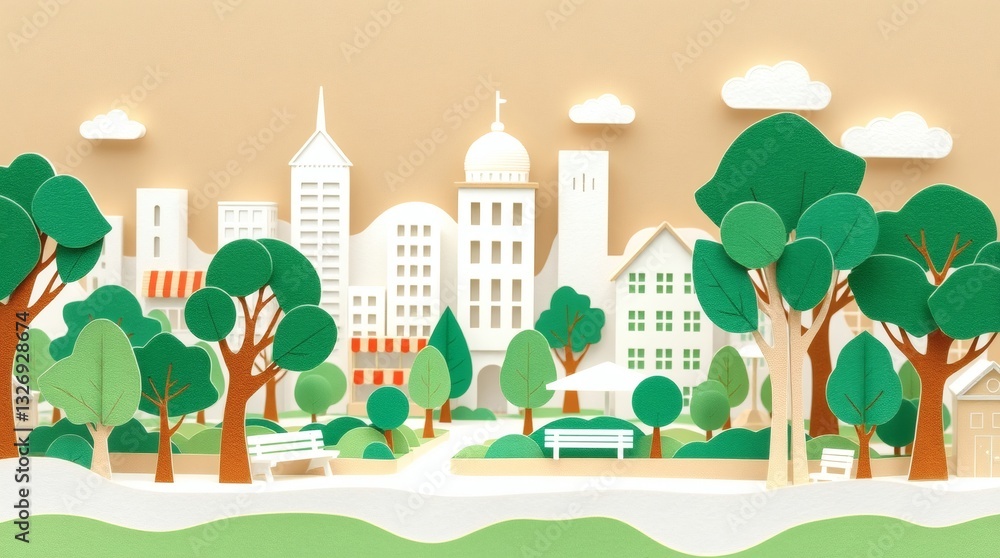 an illustrated cityscape with trees, buildings and sky, conveying an eco-friendly vibe. The illustration showcases a vibrant community that is connected to nature an illustrated cityscape with trees, buildings and sky, conveying an eco-friendly vibe. The illustration showcases a vibrant community that is connected to nature