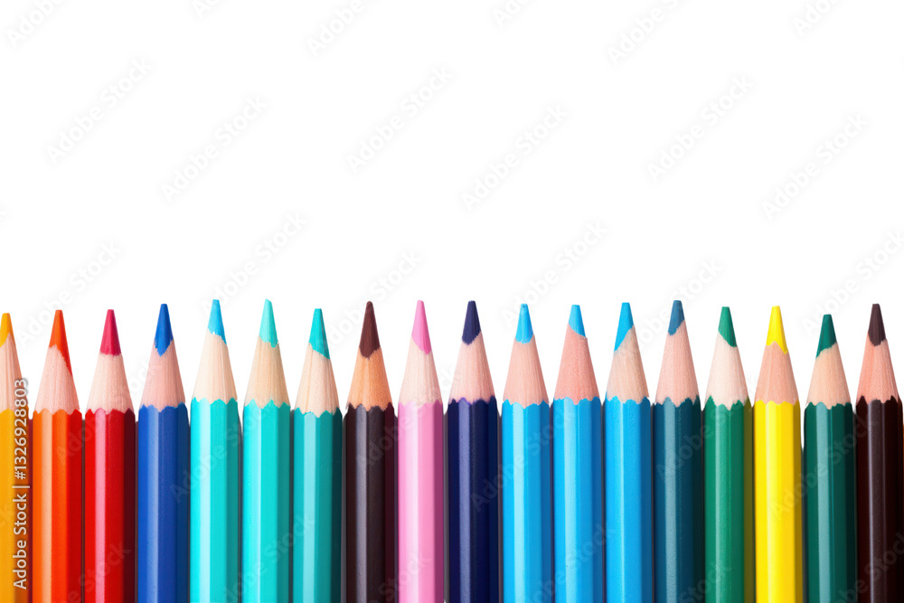 A vibrant set of colored pencils arranged neatly in a row, showcasing a variety of hues and shades, isolated on white background A vibrant set of colored pencils arranged neatly in a row, showcasing a variety of hues and shades, isolated on white background