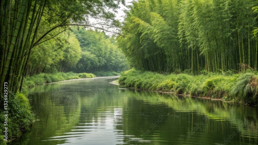 Serene River Meandering Through Lush Bamboo Forest Nature Scene Tranquil Environment Aerial Perspective Peaceful Concept Serene River Meandering Through Lush Bamboo Forest Nature Scene Tranquil Environment Aerial Perspective Peaceful Concept