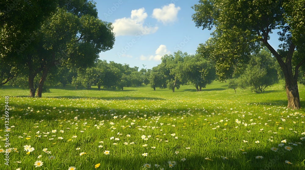 Fototapeta premium Serene Meadow with Blossoming Flowers and Lush Green Trees in Sunlight
