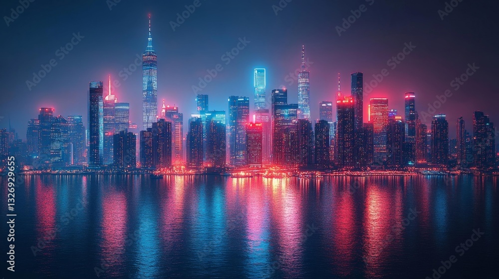 Fototapeta premium Futuristic city skyline with glowing neon lights and iridescent reflections at night. Generative AI