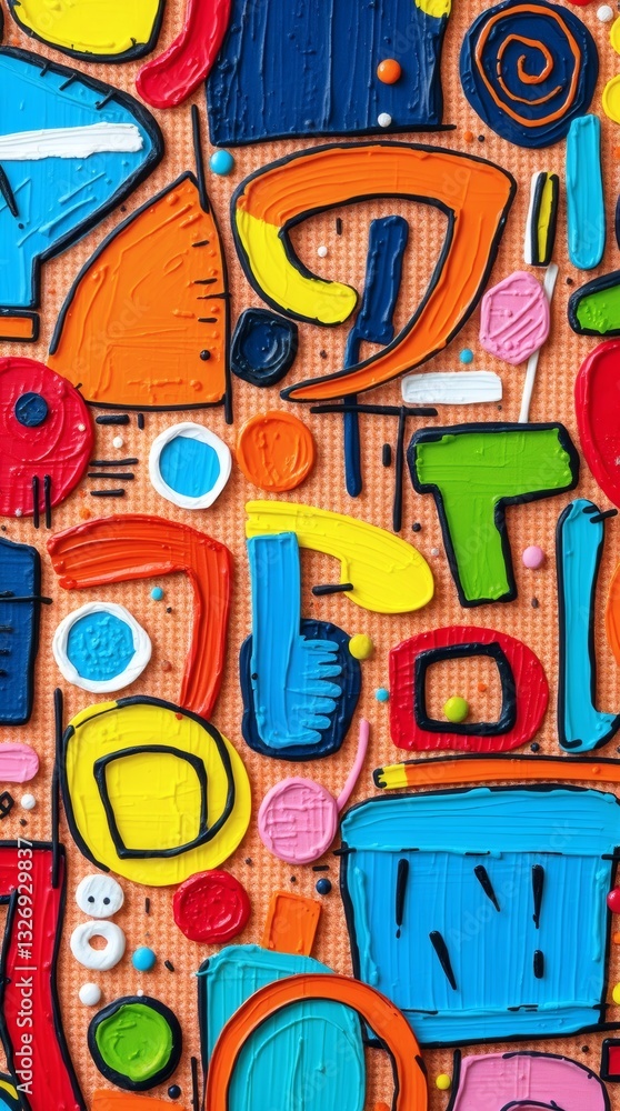 Abstract geometric painting with vibrant colors and unique shapes. The artwork is a colorful blend of shapes, and lines, creating a vibrant pattern Abstract geometric painting with vibrant colors and unique shapes. The artwork is a colorful blend of shapes, and lines, creating a vibrant pattern