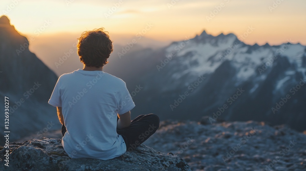 Fototapeta premium Person sitting on a rocky ledge overlooking stunning mountain range during a colorful sunset : Generative AI