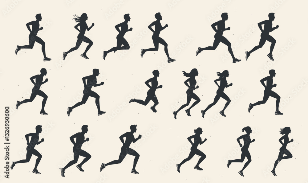 Dynamic Silhouettes of Men and Women Running in Motion for Sport and Fitness Inspiration Dynamic Silhouettes of Men and Women Running in Motion for Sport and Fitness Inspiration