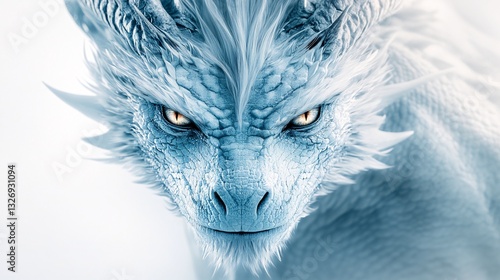 Majestic White Dragon Close-Up Portrait in a High-Key Studio Setting