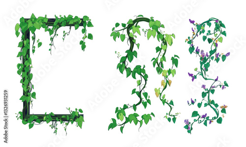 Jungle Themed UI Design Elements with Liana Vines and Ivy Leaves in Flat Minimalist Vector
