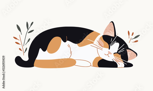 Charming Minimalist Calico Cat Illustration Sleeping in Flat SVG Style for Animal Lovers