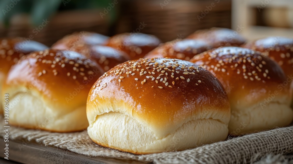 Golden sesame buns on rustic burlap cloth a bakery delight capturing the essence of fresh baked goods with a warm inviting tone Golden sesame buns on rustic burlap cloth a bakery delight capturing the essence of fresh baked goods with a warm inviting tone