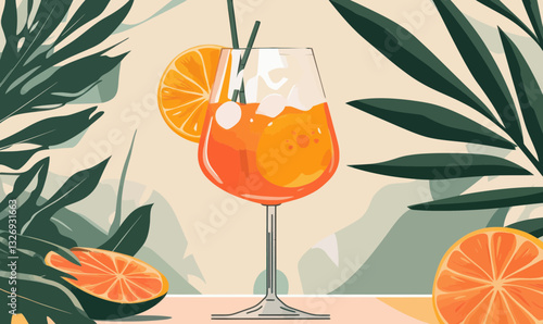 Vibrant Aperol Spritz Summer Cocktail with Orange Slice in Minimalist Vector Art