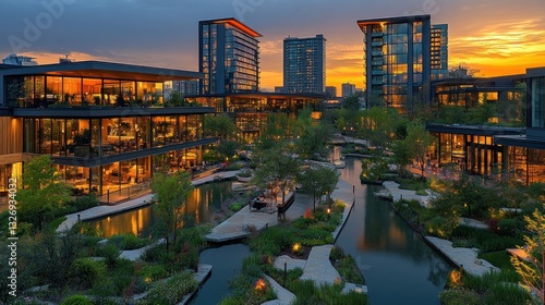 Sunset cityscape modern urban oasis with canals
