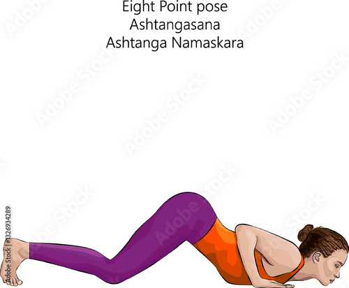 Young woman practicing Ashtangasana yoga pose. Eight Point pose or Knees Chest and Chin pose. Ashtanga Namaskara. Isolated vector illustration.