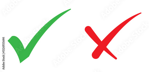 Green check mark and red cross symbol representing correct and incorrect choices, approval and rejection, success and failure. Isolated on white background. Icons, vector.