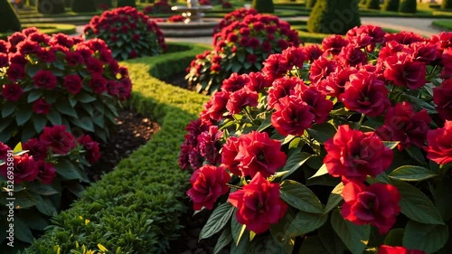 Wallpaper Mural Lush garden panorama: vibrant red flowers at golden hour Torontodigital.ca