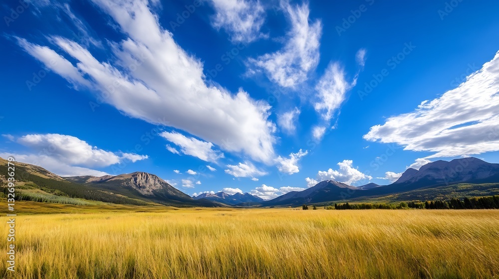 Breathtaking landscape view of golden grass fields under bright blue sky with fluffy white clouds : Generative AI Breathtaking landscape view of golden grass fields under bright blue sky with fluffy white clouds : Generative AI