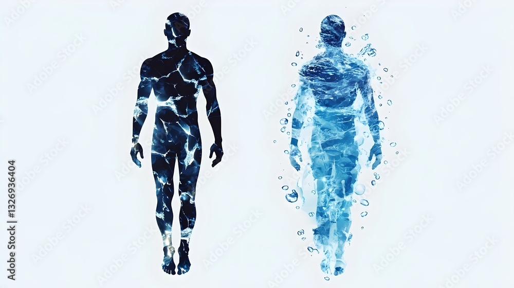 Two humanoid figures—one dark and intense, the other clear and dissolving .represents duality and balance light vs. dark, calm energy, clarity, intensity,opposing forces in life, emotions, personality
