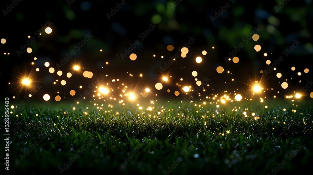 Naklejka premium Magical glowing orbs of light floating over dark grass at night create enchanting bokeh effect, nature fantasy scene with sparkling illumination and dreamy atmosphere.