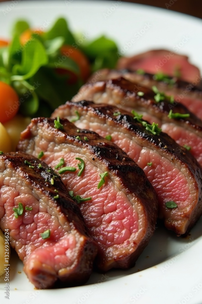 Close-up of juicy grilled beef steak slices with herbs on white plate, dinner, gourmet, cuisine Close-up of juicy grilled beef steak slices with herbs on white plate, dinner, gourmet, cuisine