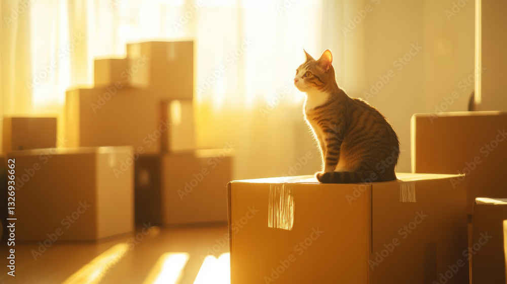 Fototapeta premium Cozy Cat Relaxing on Moving Boxes in Sunlit Room