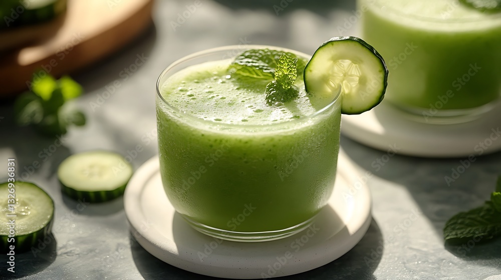 A premium stock photo of a refreshing cucumber mint smoothie in a modern café setting, placed on a white ceramic coaster, artistic top-down composition, vibrant green color, crisp shadows, A premium stock photo of a refreshing cucumber mint smoothie in a modern café setting, placed on a white ceramic coaster, artistic top-down composition, vibrant green color, crisp shadows,