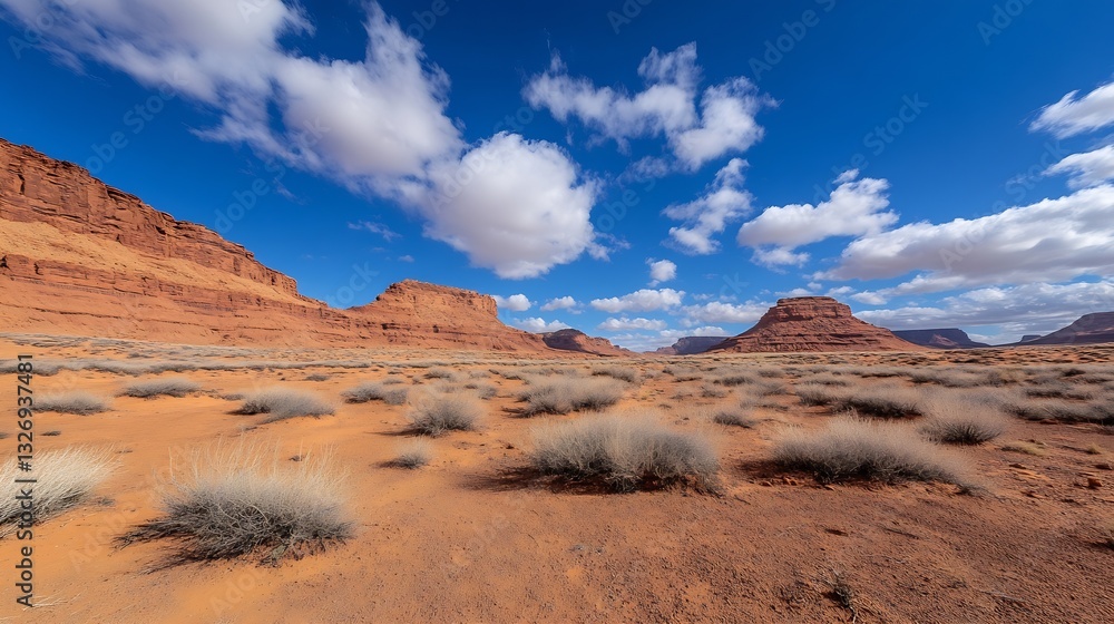 Fototapeta premium Vast Desert Landscape Featuring Majestic Rock Formations Beneath Dramatic Clouds : Generative AI