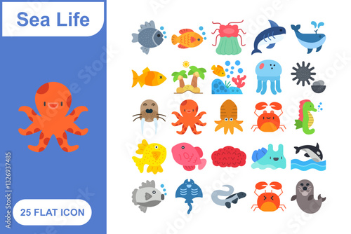 Sea Life Flat Icon Set, Collection of 25 Sea Life Flat Icon Set – 25 Fish, Coral, and Marine Creatures Icons
