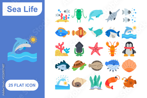 Sea Life Flat Icon Set, Collection of 25 Sea Life Flat Icon Set – 25 Fish, Coral, and Marine Creatures Icons