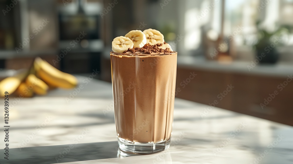 A rich chocolate banana protein smoothie in a tall glass, deep brown color, garnished with cocoa powder and banana slices, placed on a sleek marble countertop, soft natural lighting, A rich chocolate banana protein smoothie in a tall glass, deep brown color, garnished with cocoa powder and banana slices, placed on a sleek marble countertop, soft natural lighting,