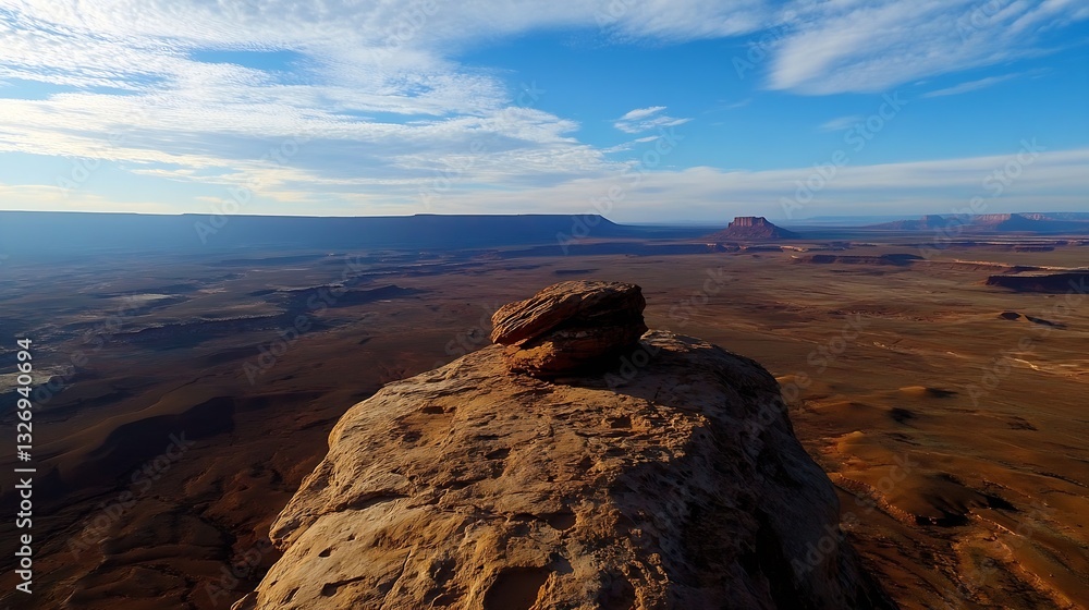 Obraz premium Vast Desert Landscape with Stunning Sky View and Isolated Rock Formation at Sunset : Generative AI